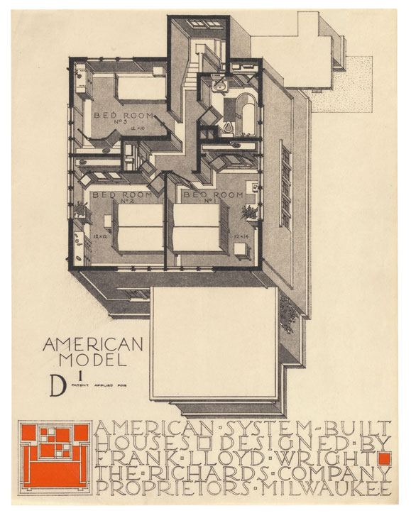 Axonometric view of model D1 in the American System-Built (Ready-Cut) Houses project (1915–17), Frank Lloyd Wright. Museum of Modern Art, New York. © 2017 Frank Lloyd Wright Foundation/Artists Rights Society (ARS), New York