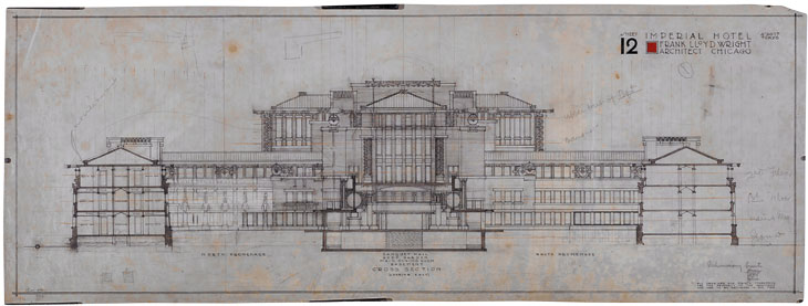 Cross section looking east of the Imperial Hotel, Tokyo (1913–23), Frank Lloyd Wright. The Frank Lloyd Wright Foundation Archives, New York. © 2017 Frank Lloyd Wright Foundation/Artists Rights Society (ARS), New York