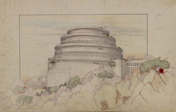 Perspective view of Gordon Strong Automobile Objective and Planetarium, Sugarloaf Mountain, Maryland (1924–25), Frank Lloyd Wright. The Frank Lloyd Wright Foundation Archives (The Museum of Modern Art/Avery Architectural & Fine Arts Library, Columbia University), New York. © 2017 Frank Lloyd Wright Foundation/Artists Rights Society (ARS), New York