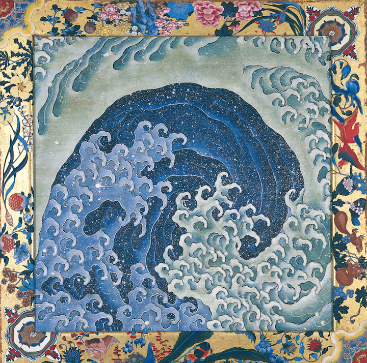 Waves (1845), one of two panel paintings attributed to Hokusai and completed by Takai Kōzan. Courtesy of Kanmachi Neighbourhood Council, Obuse, Nagano Prefectural Treasure