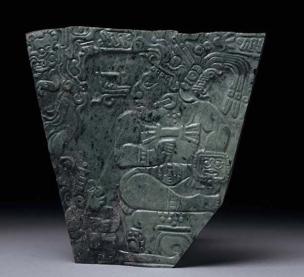 Jade plaque showing a seated king and palace attendant, 600–800 AD, Maya, Mexico, Teotihuacan. British Museum, London