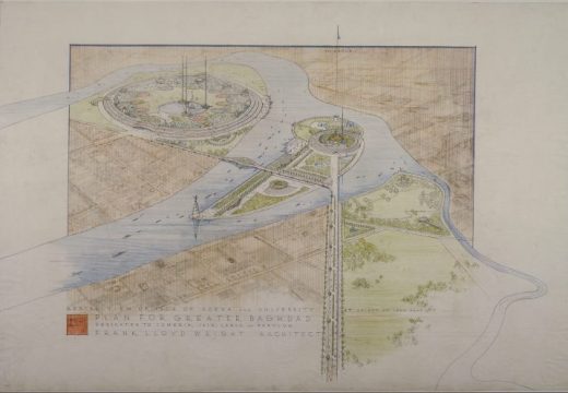 Frank Lloyd Wright’s unbuilt 1957–58 plan for Greater Baghdad. The Frank Lloyd Wright Foundation Archives, New York