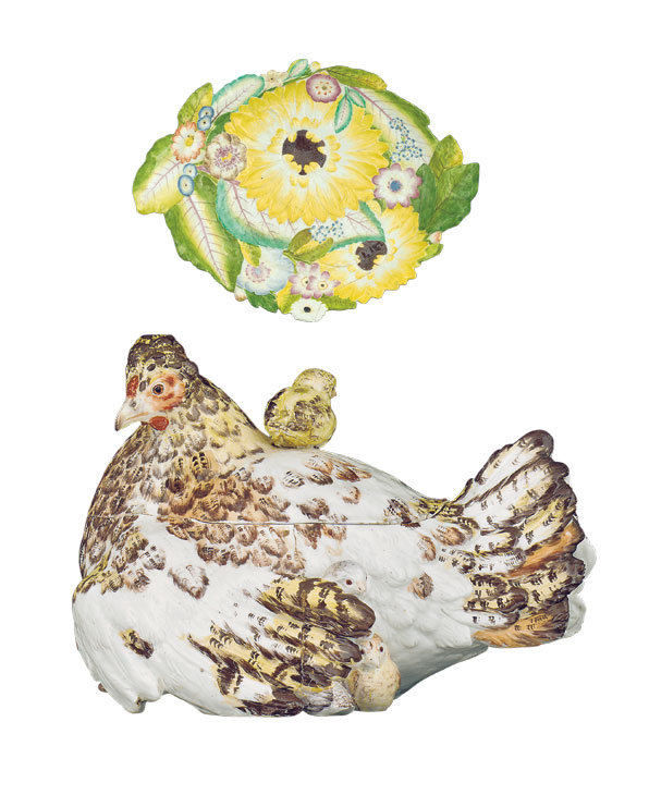A 'Hen and Chickens' tureen and cover with stand, c. 1755–56, width 35.5cm (tureen). Christie's London, £223,650