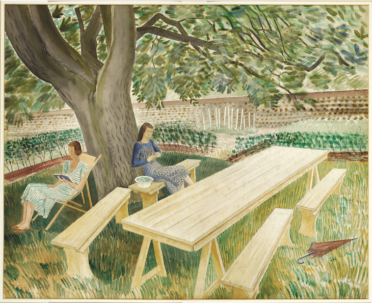 Two Women Sitting in a Garden (showing Charlotte Epton and Tirzah Garwood in the Brick House garden) (1932), Eric Ravilious. Fry Art Gallery, Saffron Walden
