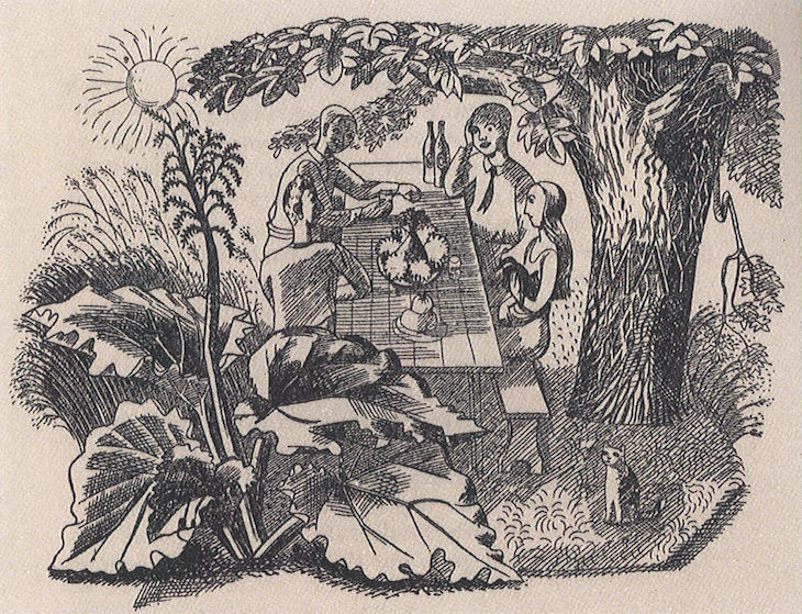 Illustration for May (showing Eric Ravilious, Edward Bawden and Tirzah Garwood in the Brick House garden), by Edward Bawden, published in Ambrose Heath’s Good Food, 1932. © Estate of Edward Bawden