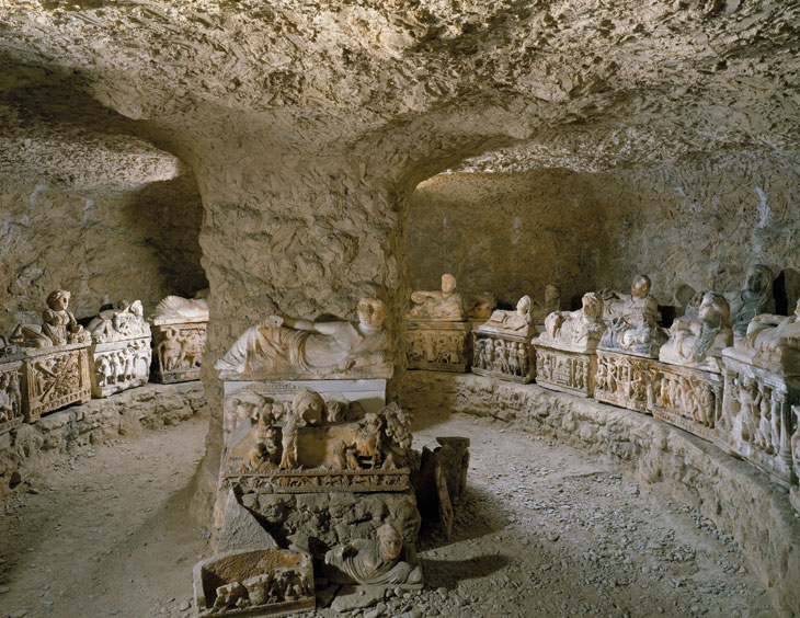 The Inghirami Tomb, recreated with artefacts from Volterra at the National Archaeological Museum in Florence in 1899. Photo: Scala, Florence; courtesy Ministero Beni e Att. Culturali e del Turismo