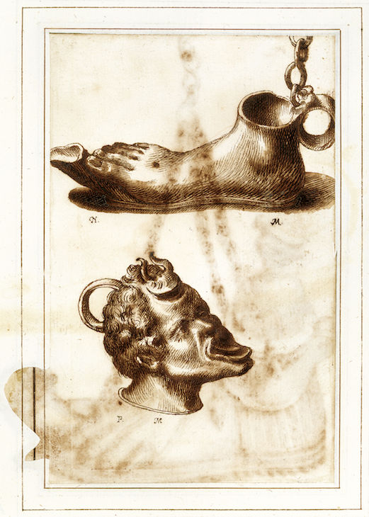 Two bronze lamps in the dal Pozzo and Poussin (?) collections, from the Antichità Diverse album (fol. 64v) (17th century), Italian. Royal Library Windsor; © HM Queen Elizabeth II