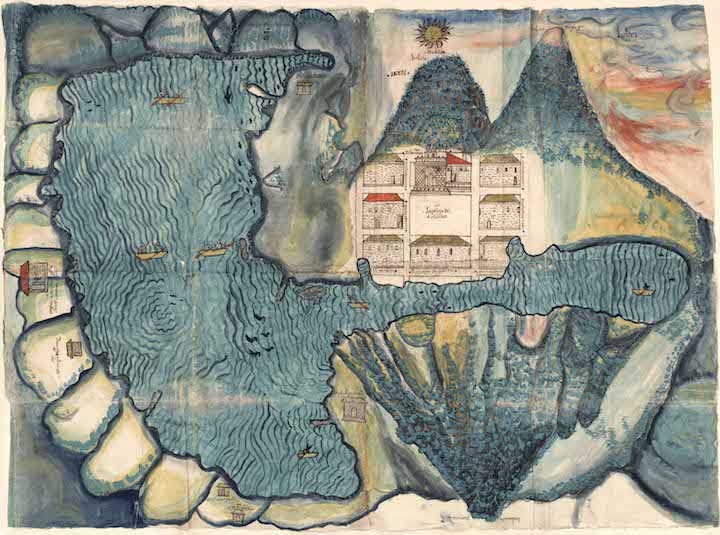 Relación Geográfica Map of Santiago Atitlán (1585), artist unknown. Joaquín García Icazbalceta Manuscript Collection, The University of Texas at Austin