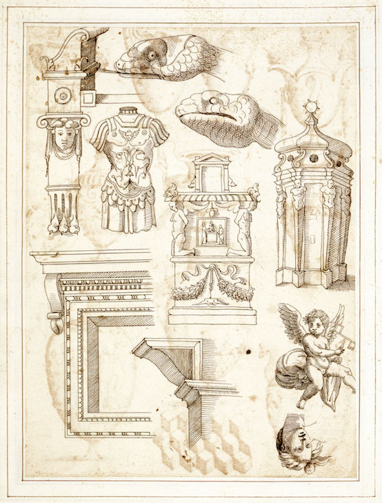 Various architectural elements and sculptures, from the Antichità Diverse album (fol. 108v) (16th century), Italian. Royal Library, Windsor; © HM Queen Elizabeth II 2017