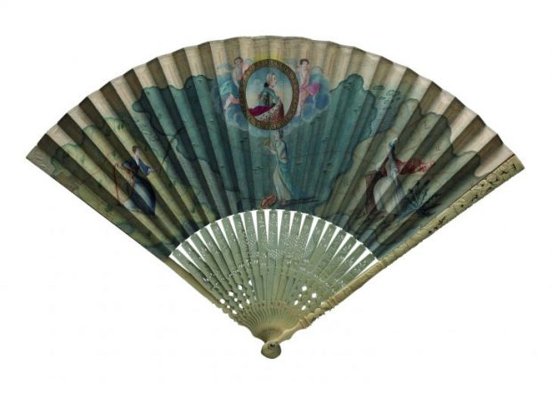 Fan with a hand-painted leaf showing Prince Charles Edward Stewart surrounded by classical gods, (c. 1746), probably designed by Robert Strange, National Museums, Scotland