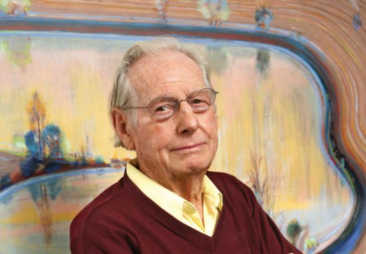 Wayne Thiebaud, photographed in front of Fields and Furrows (2002), in 2013. Photo: Sacramento State/Mary Weikert