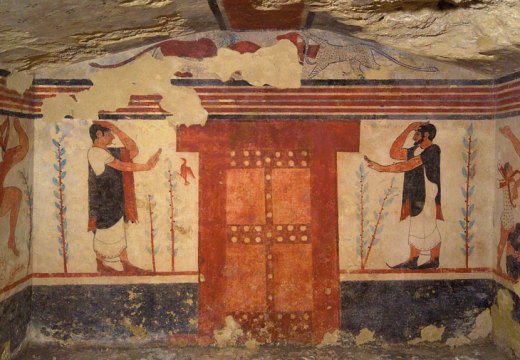 Frescoes in the Tomb of the Augurs, Necropolis of Monterozzi, Tarquinia. Courtesy Mibact. Soprintendenza Archeologia, Belle Arti e Paesaggio per l'Area Metropolitana di Roma, la Provincia di Viterbo e l'Etruria Meridionale