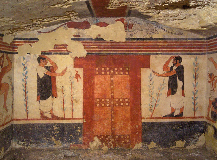 Frescoes in the Tomb of the Augurs, Necropolis of Monterozzi, Tarquinia. Courtesy Mibact. Soprintendenza Archeologia, Belle Arti e Paesaggio per l'Area Metropolitana di Roma, la Provincia di Viterbo e l'Etruria Meridionale