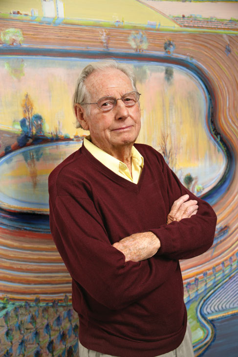 Wayne Thiebaud, photographed in front of Fields and Furrows (2002), in 2013. Photo: Sacramento State/Mary Weikert