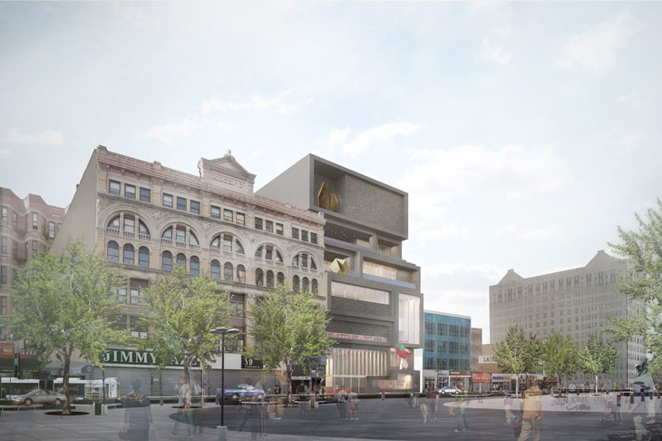 Exterior vew from 125th Street Plaza. Courtesy Adjaye Associates and Studio Museum, Harlem