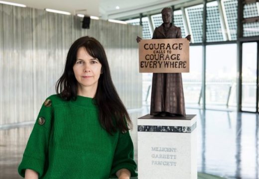 Gillian Wearing with a model of suffragist leader Millicent Fawcett, Photo: Caroline Teo/GLA/PA