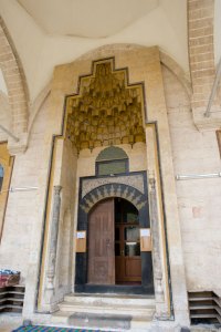 The doorway to the prayer hall of the Khosrofiye Mosque, the work of Sinan (1546), the great court architect to Suleiman the Magnificent. The structure was obliterated by a tunnel bomb in 2014.