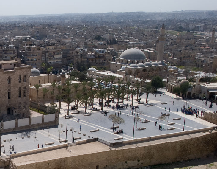 Ceremonial plaza at the entrance to the Aleppo Citadel, seen in April 2011 as restored by the Aga Khan Trust before the start of the Syria conflict. All historic buildings in this photo were destroyed by massive tunnel bombs in 2014. In the centre is the Khosrofiye Mosque, the work of Sinan, the great Ottoman court architect to Suleiman the Magnificent.