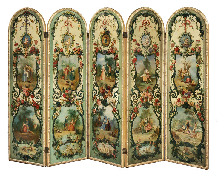 Five-fold screen (c. 1880), French. Butchoff Antiques at San Francisco Fall Art & Antiques Show