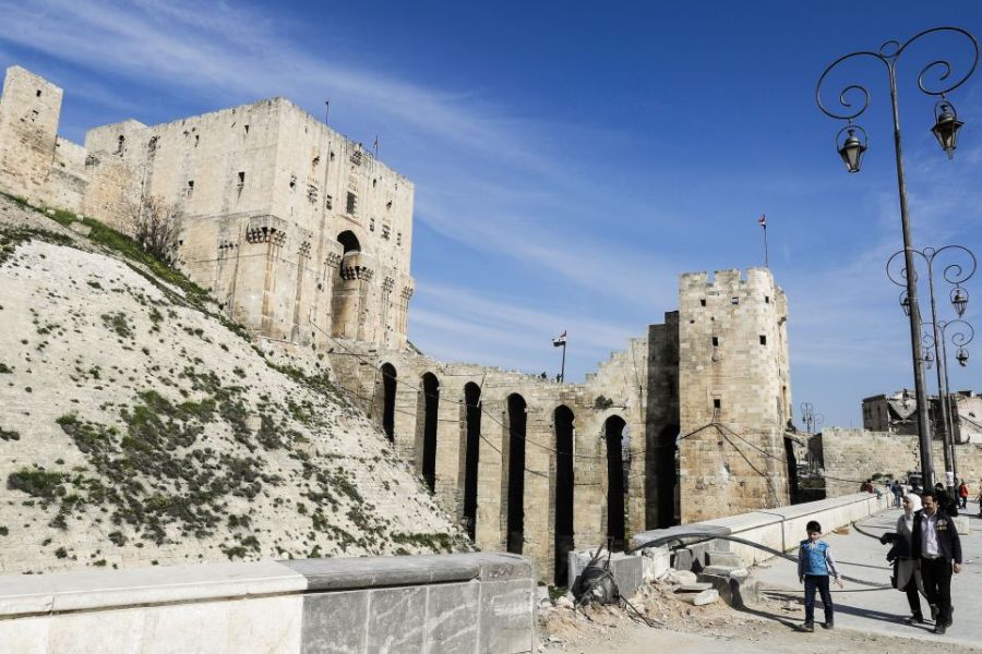 The double entrance gateway to the Aleppo Citadel, largely the work of the late 12th century Ayyubid rulers of Aleppo (pictured here on 9 March, 2017) has largely survived the conflict with only minor damage. Photo: JOSEPH EID/AFP/Getty Images