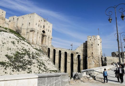 The double entrance gateway to the Aleppo Citadel, largely the work of the late 12th century Ayyubid rulers of Aleppo (pictured here on 9 March, 2017) has largely survived the conflict with only minor damage. Photo: JOSEPH EID/AFP/Getty Images
