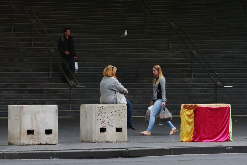 Artwork on concrete blocks acting as bollards on 4 July, 2017 in Melbourne, Australia. Photo: Michael Dodge/Getty Images