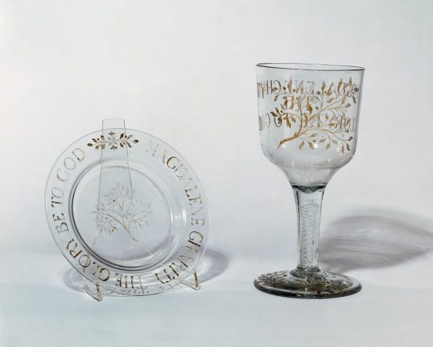 The glass cup and paten, made for use in Holy Communion celebrated in the Chapel of the Magdalen Hospital, Southwark, (1775) unknown maker, London, Victoria and Albert Museum, London
