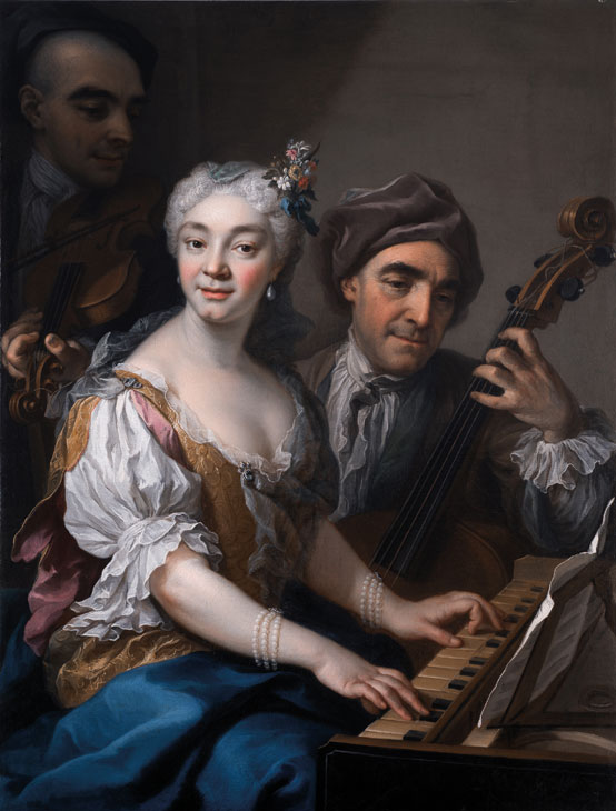 Portrait of the singer Cristina Somis with her father Lorenzo Francesco and her brother Giovanni Lorenzo (1728), Martin van Meytens the Younger. Galleria Benappi at Flashback