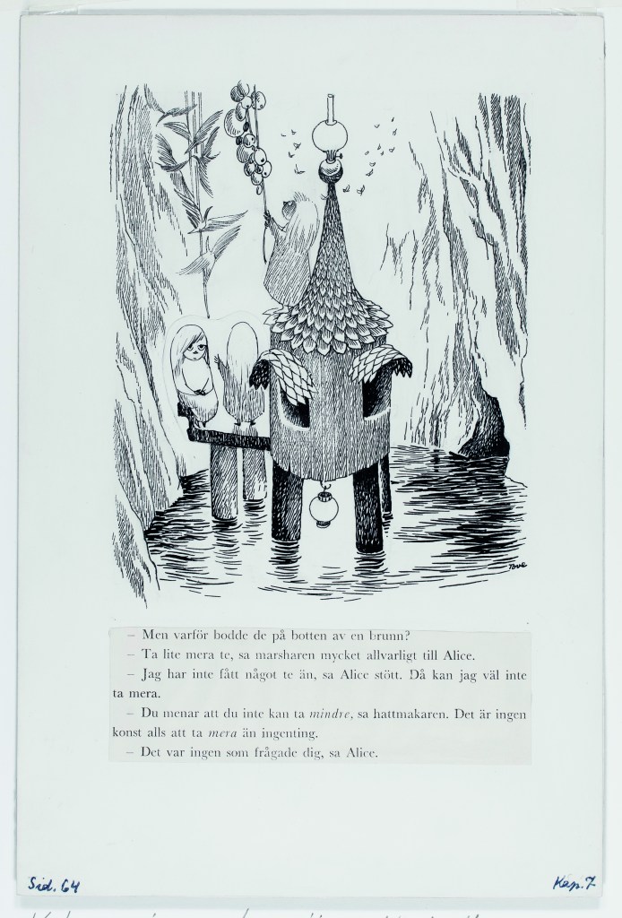 Illustration of the treacle well for Alice i Underlandet (Alice’s Adventures in Wonderland; Albert Bonniers Förlag, 1966), Lewis Carroll, trans. Åke Runnquist with illustrations by Tove Jansson