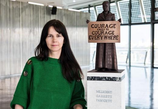 Artist Gillian Wearing with a model of her statue of Millicent Fawcett. Photograph: Caroline Teo/GLA/PA