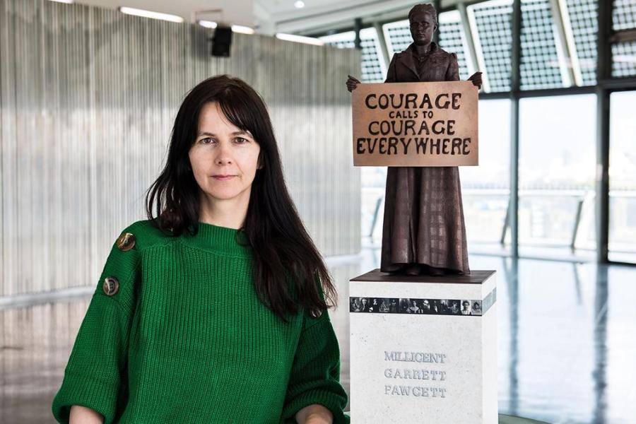 Artist Gillian Wearing with a model of her statue of Millicent Fawcett. Photograph: Caroline Teo/GLA/PA