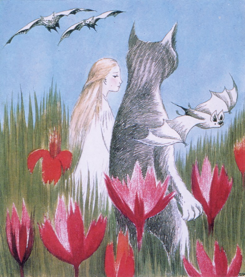 Colour illustration of Alice and Dinah for Alice i Underlandet (Alice in Wonderland; Albert Bonniers Förlag, 1966), Lewis Carroll, trans. Åke Runnquist with illustrations by Tove Jansson. 