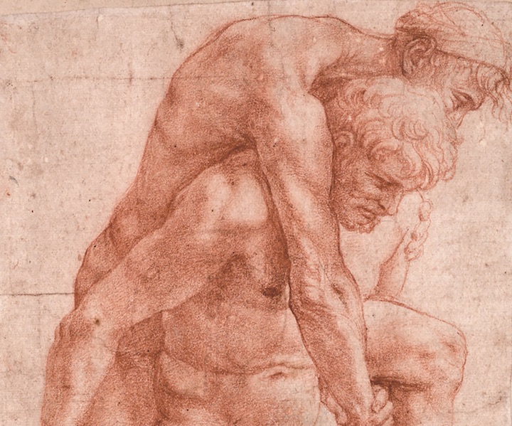 A man carrying an older man on his back (detail; c. 1513–14), Raphael. Albertina Museum, Vienna