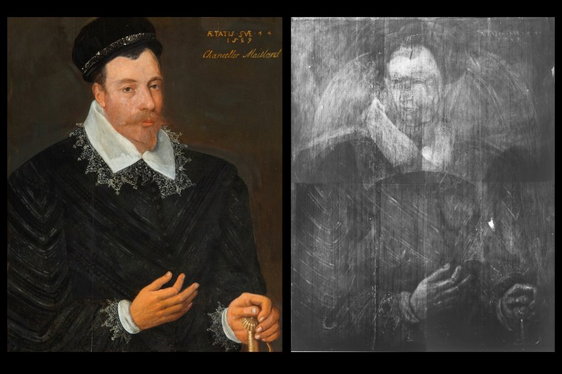 Left: Adrian Vanson's portrait of Sir John Maitland, 1st Lord Maitland of Thirlestane (1589); right: X-ray view of the same painting, showing the portrait of a woman believed to be Mary, Queen of Scots