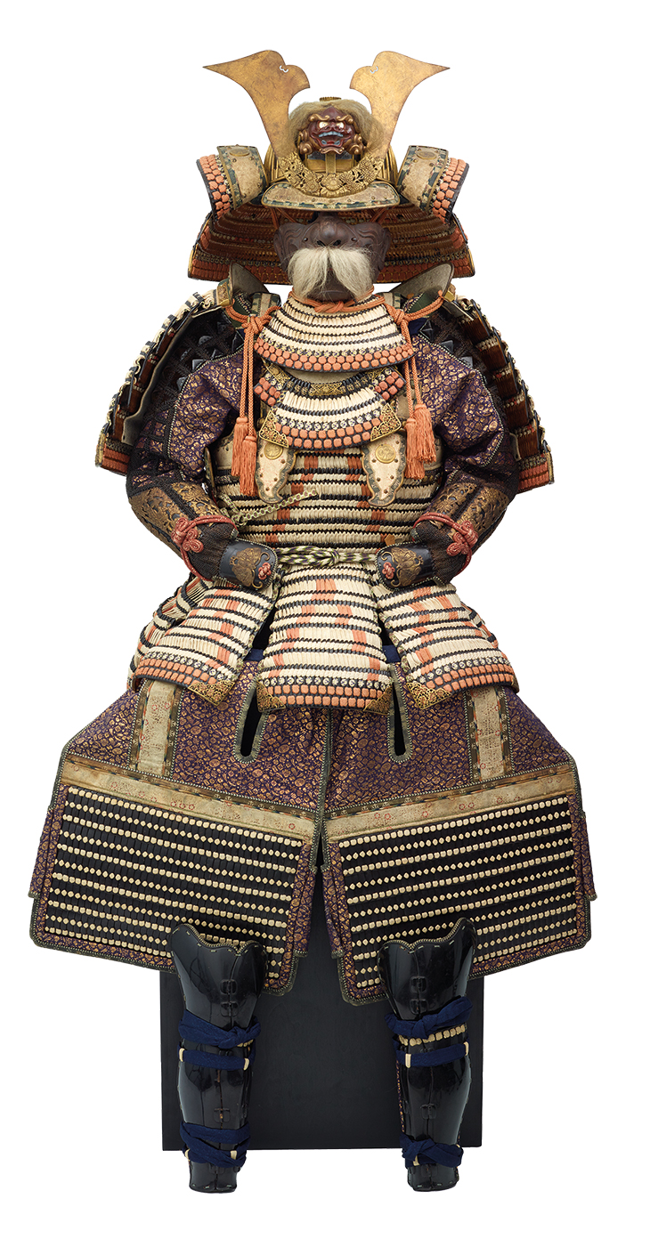 Domaru tosei gusoku armour (detail), Japan, Momoyama period (1573–1615), with 19th-century lacing and brocade and menpo mask (c. 1700), signed by Munemassa.