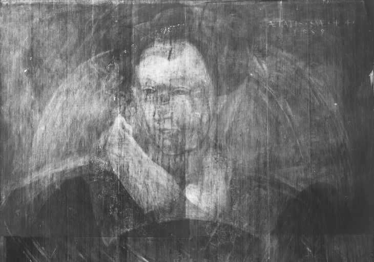 Detail of an X-ray showing the portrait of a woman believed to be Mary, Queen of Scots, underneath Adrian Vanson's portrait of Sir John Maitland.