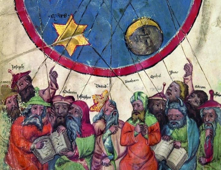 Detail of twelve “masters” under the planetary sky, from the Oracle book, c. 1370, Middle Rhine. Courtesy Martin-Gropius-Bau
