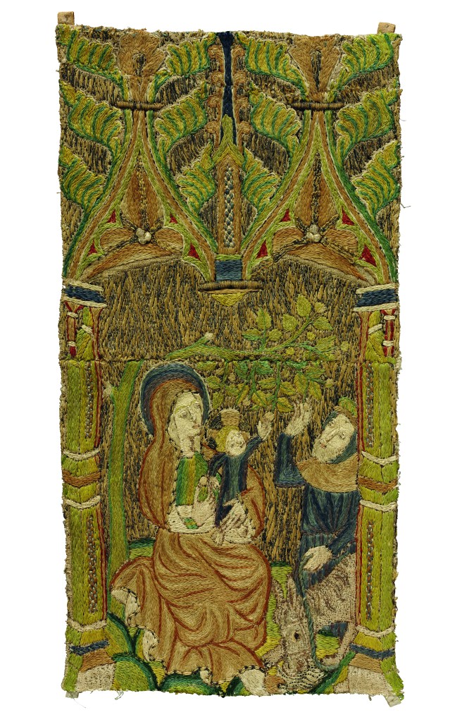 Scene from the life of the Virgin and Child, showing a fruit tree bending overhead (one of six fragments), (1390–1420), English, Victoria and Albert Museum, London