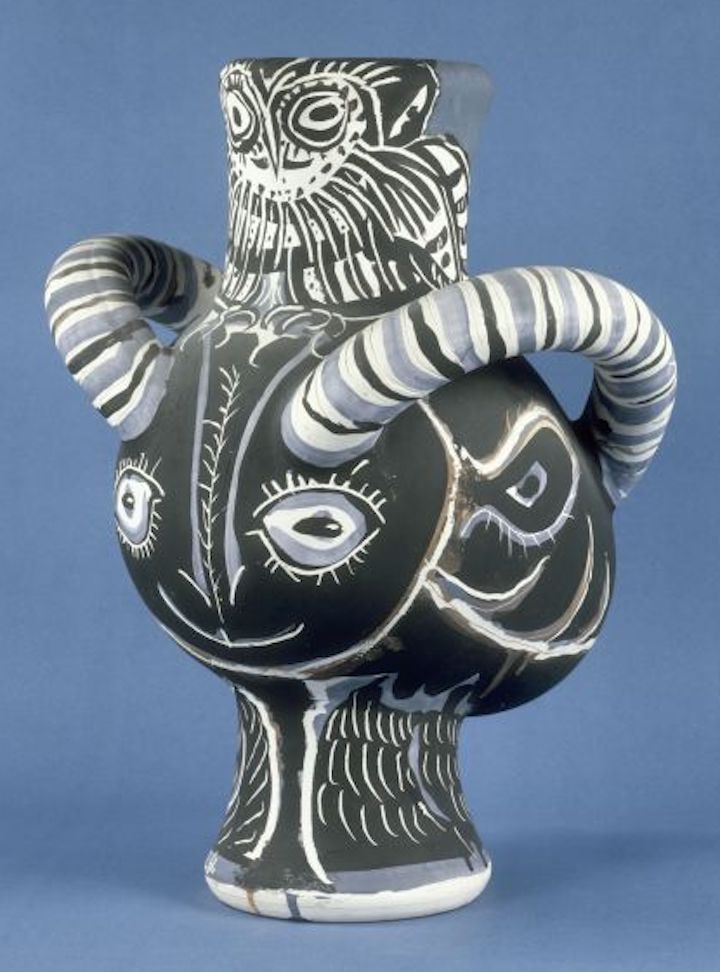 Two-handled Vase with Faun's Head and an Owl (1961), Pablo Picasso. © Succession Picasso/ VISDA 2018 Photo: RMN-Grand Palais (Musée national Picasso-Paris) /Gérard Blot 