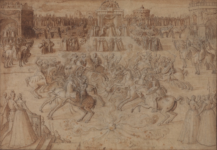 An equestrian game with riders jousting among balls of fire (c. 1575–80), Antoine Caron. Courtesy of The Courtauld Gallery, London