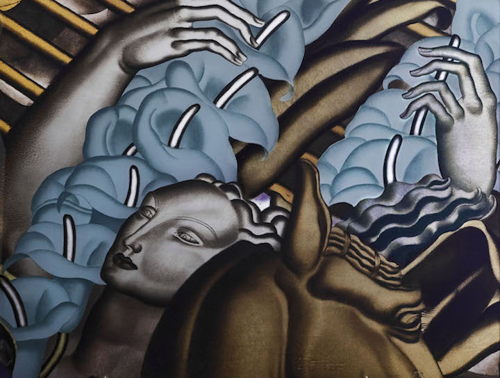 Detail of a panel from The Rape of Europa for the first-class grand salon on-board the Normandie made in verre églomisé, 1934, Jean Dupas, made by Jacques–Charles Champigneulle. © Miottel Museum, Berkeley, California. Image courtesy Peabody Essex Museum, Salem, Massachusetts