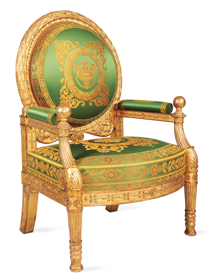 Presentation armchair for the Grand Salon of the King of Rome’s apartment at the Tuileries, intended for the Emperor and Empress, ca. 1804–15, Pierre-Antoine Bellangé. Photo Collection du Mobilier national © Isabelle Bideau