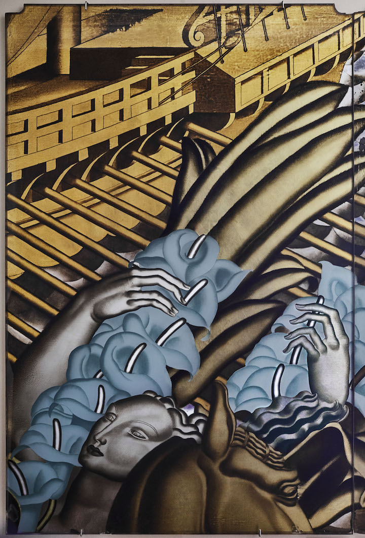 Panel from The Rape of Europa for the first-class grand salon on-board the Normandie made in verre églomisé, 1934, Jean Dupas, made by Jacques–Charles Champigneulle. © Miottel Museum, Berkeley, California. Image courtesy Peabody Essex Museum, Salem, Massachusetts
