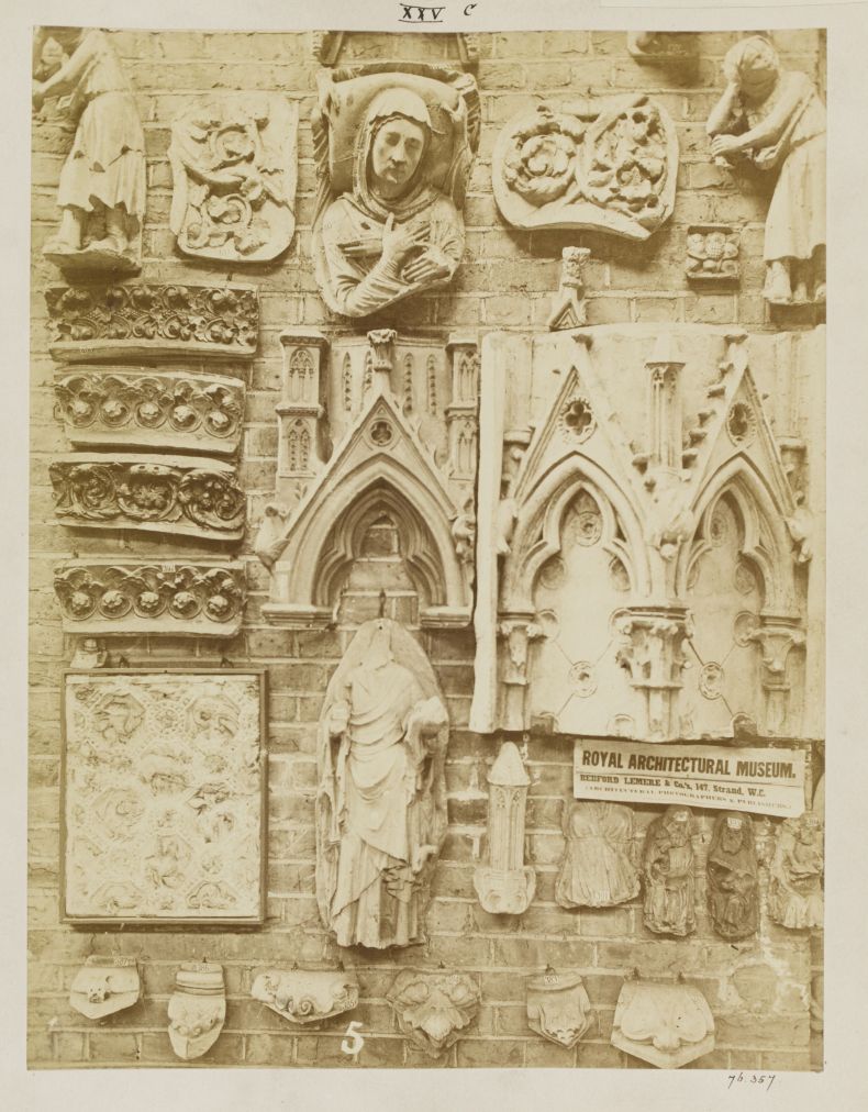 Photograph from c. 1872 of casts in the Royal Architectural Museum, London, including figures and canopies from Notre Dame, Paris, taken by Bedford Lemere & Co., Victoria and Albert Museum, London