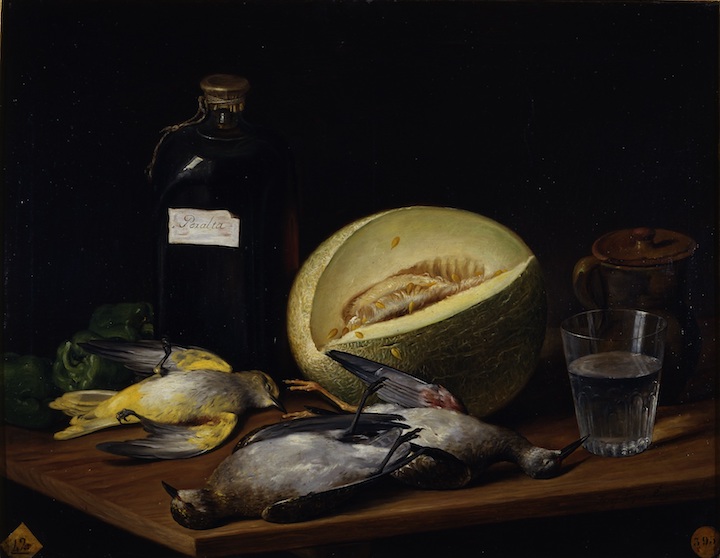 Still life with birds, melon and bottle of Peralta wine (1807), José López Enguídanos. Museo de la Real Academia de Bellas Artes de San Fernando, Madrid