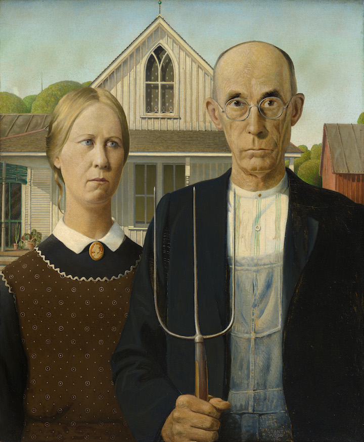 American Gothic (1930), Grant Wood. © Figge Art Museum, successors to the Estate of Nan Wood Graham/Licensed by VAGA, New York, NY. Photograph: Art Institute of Chicago/Art Resource, NY