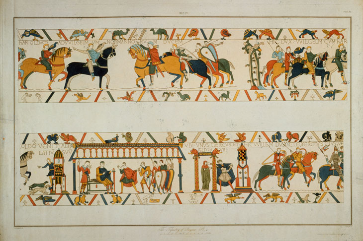 A scene from the Bayeux Tapestry, in which William the Conqueror rescues the future King Harold II from captivity in France and betrothes his daughter Aelfgifu to him.