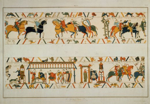 A scene from the Bayeux Tapestry, in which William the Conqueror rescues the future King Harold II from captivity in France and betrothes his daughter Aelfgifu to him.