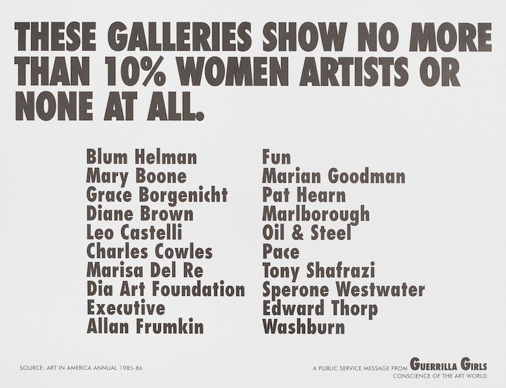 These Galleries show no more than 10% women artists or none at all. (1984-85), Guerrilla Girls. Hirshhorn Museum and Sculpture Garden, Washington DC, Smithsonian Institution. Photo: Cathy Carver
