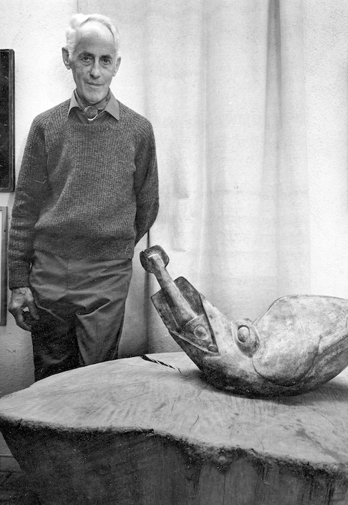 Jim Ede with Henri Gaudier-Brzeska's Bird Swallowing a Fish (1914), Kettle's Yard, 1972